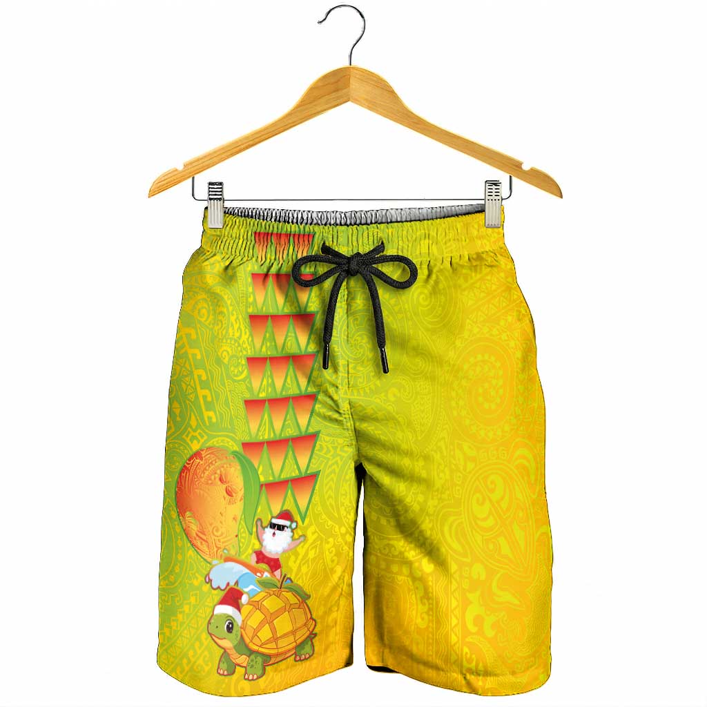 Hawaiian Mango Mele Kalikimaka Shorts for Men Santa Claus Surfing with Mango Christmas Turtle