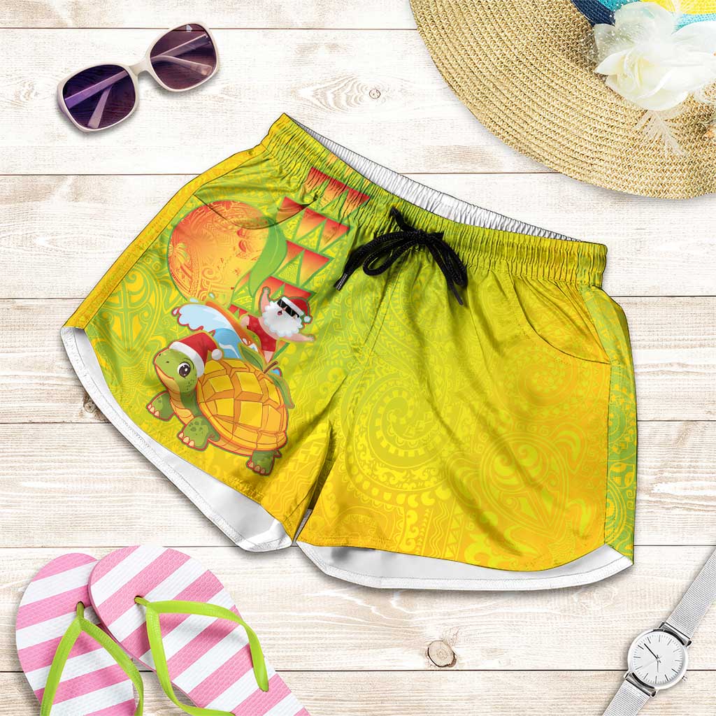 Hawaiian Mango Mele Kalikimaka Shorts for Women Santa Claus Surfing with Mango Christmas Turtle
