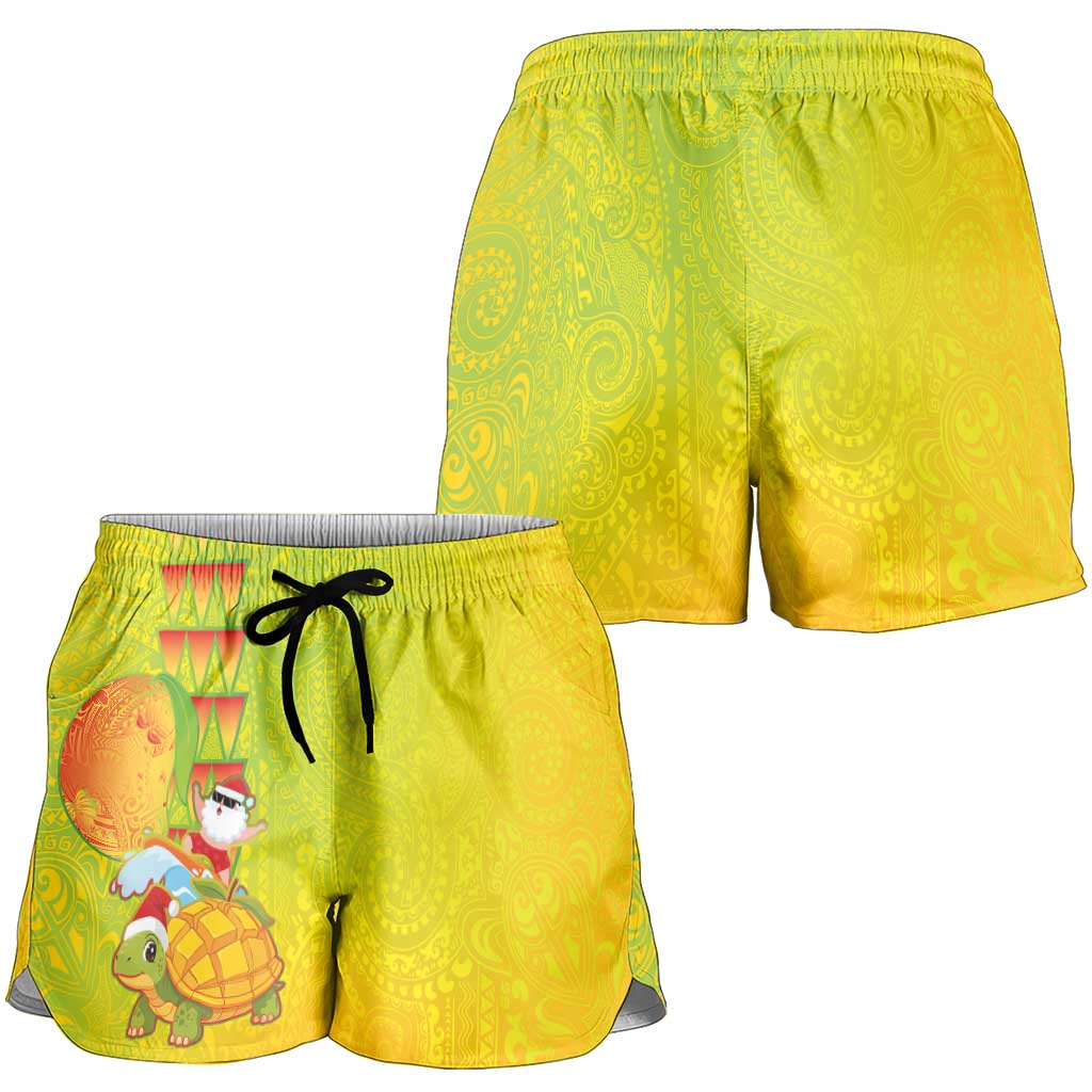 Hawaiian Mango Mele Kalikimaka Shorts for Women Santa Claus Surfing with Mango Christmas Turtle