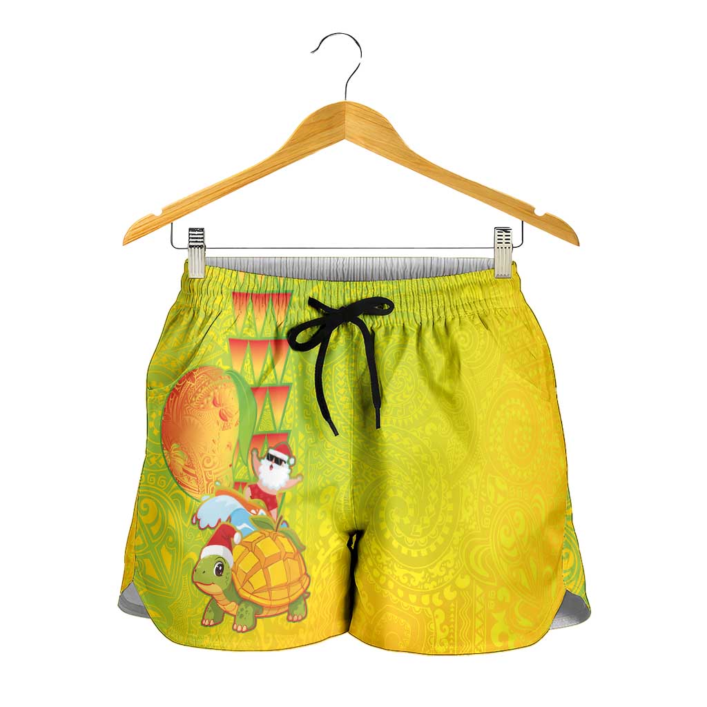 Hawaiian Mango Mele Kalikimaka Shorts for Women Santa Claus Surfing with Mango Christmas Turtle