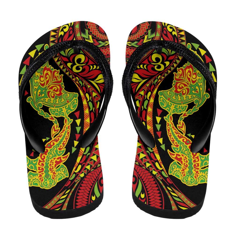 Hawaiian Manta Ray and Hammerhead Shark Tribal Tattoo Flip Flops with Polynesian Tribal Pattern Kanaka Maoli Flag Color