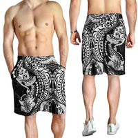 Hawaiian Manta Ray and Hammerhead Shark Tribal Tattoo Shorts for Men with Polynesian Tribal Pattern Black-White Color