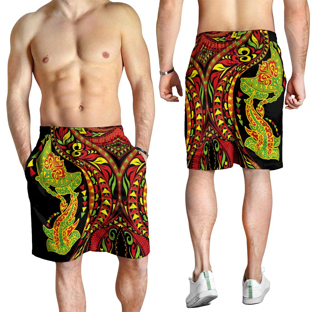 Hawaiian Manta Ray and Hammerhead Shark Tribal Tattoo Shorts for Men with Polynesian Tribal Pattern Kanaka Maoli Flag Color
