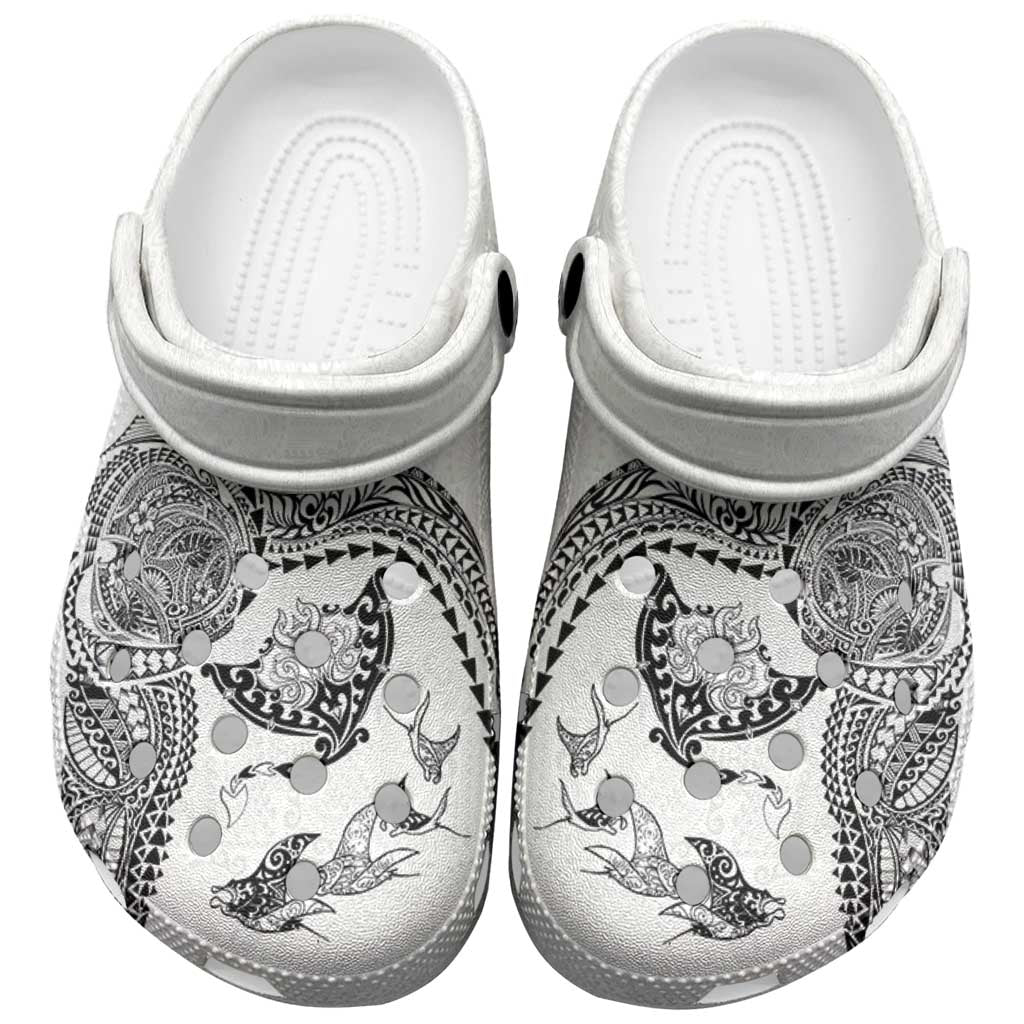 Hawaiian Manta Ray Tribal Clogs Shoes Polynesian Art Motifs White Color