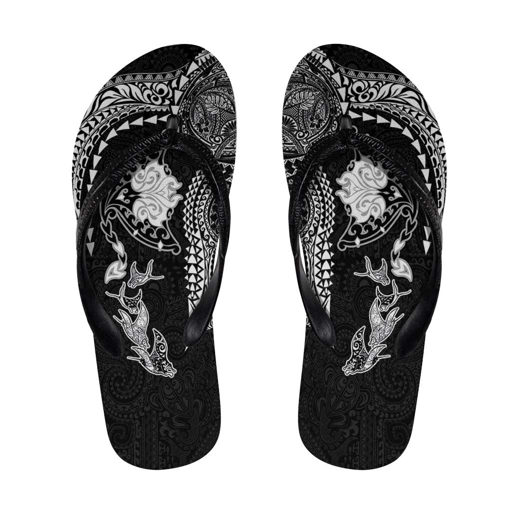 Hawaiian Manta Ray Tribal Flip Flops Polynesian Art Motifs Black Color