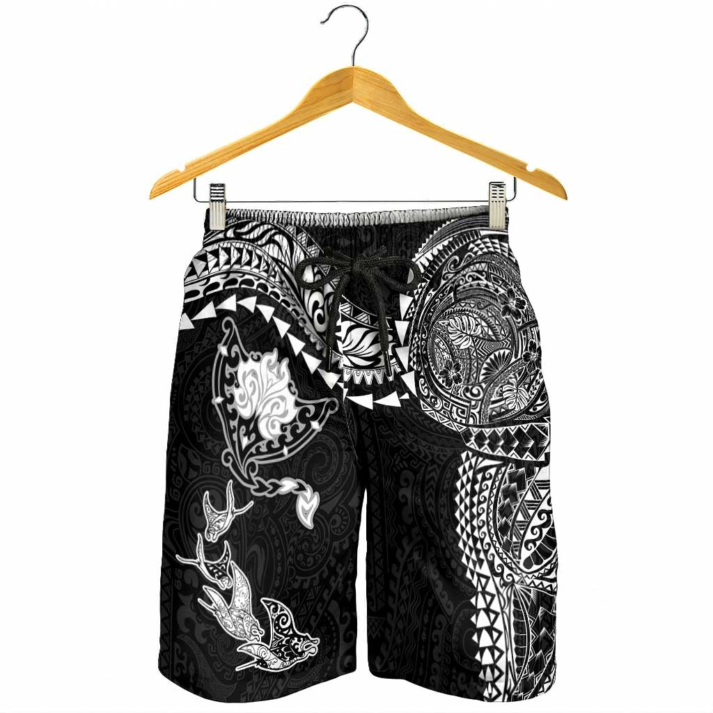 Hawaiian Manta Ray Tribal Shorts for Men Polynesian Art Motifs Black Color