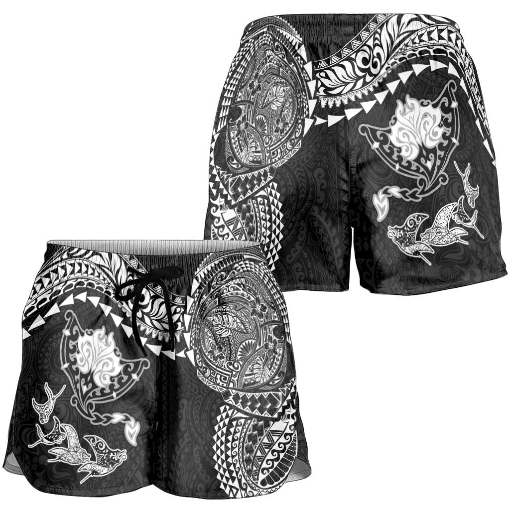 Hawaiian Manta Ray Tribal Shorts for Women Polynesian Art Motifs Black Color