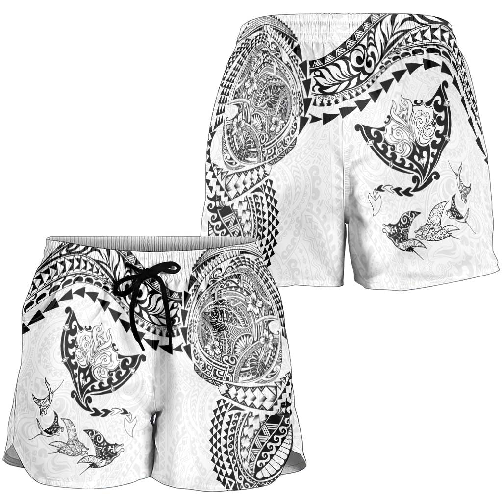 Hawaiian Manta Ray Tribal Shorts for Women Polynesian Art Motifs White Color