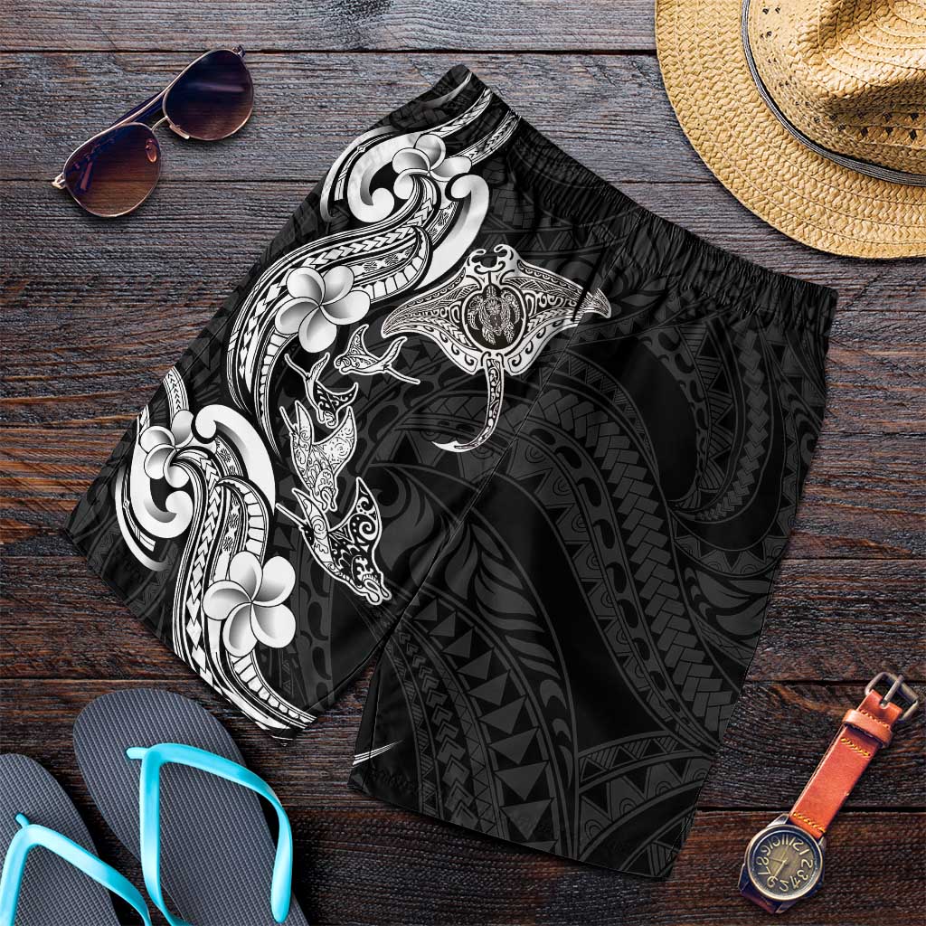 Hawaiian Manta Rays Shorts for Men Tribal Hibiscus Polynesian Tattoos Black Color LT03 Black - Polynesian Pride
