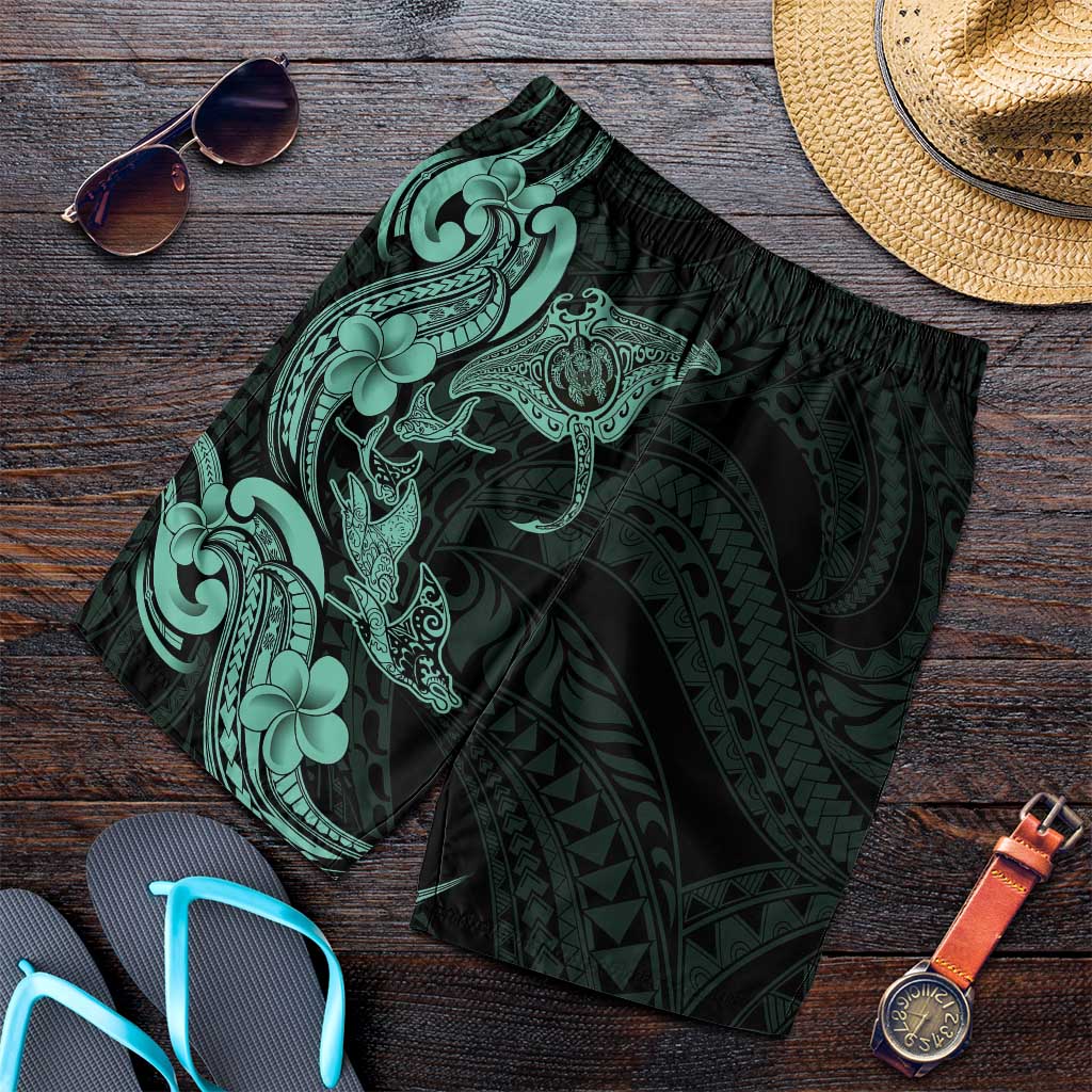 Hawaiian Manta Rays Shorts for Men Tribal Hibiscus Polynesian Tattoos Turquoise Color LT03 Turquoise - Polynesian Pride
