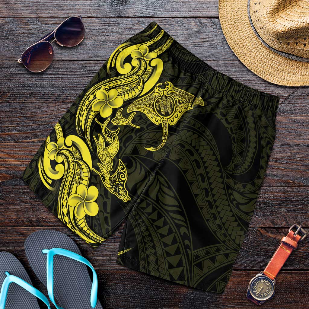 Hawaiian Manta Rays Shorts for Men Tribal Hibiscus Polynesian Tattoos Yellow Color LT03 Yellow - Polynesian Pride