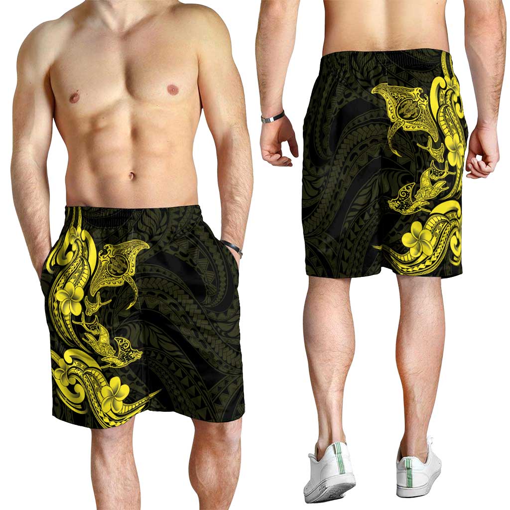 Hawaiian Manta Rays Shorts for Men Tribal Hibiscus Polynesian Tattoos Yellow Color - Polynesian Pride