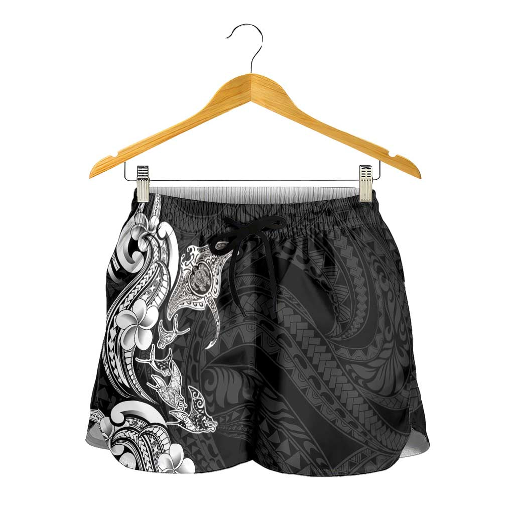 Hawaiian Manta Rays Shorts for Women Tribal Hibiscus Polynesian Tattoos Black Color - Polynesian Pride