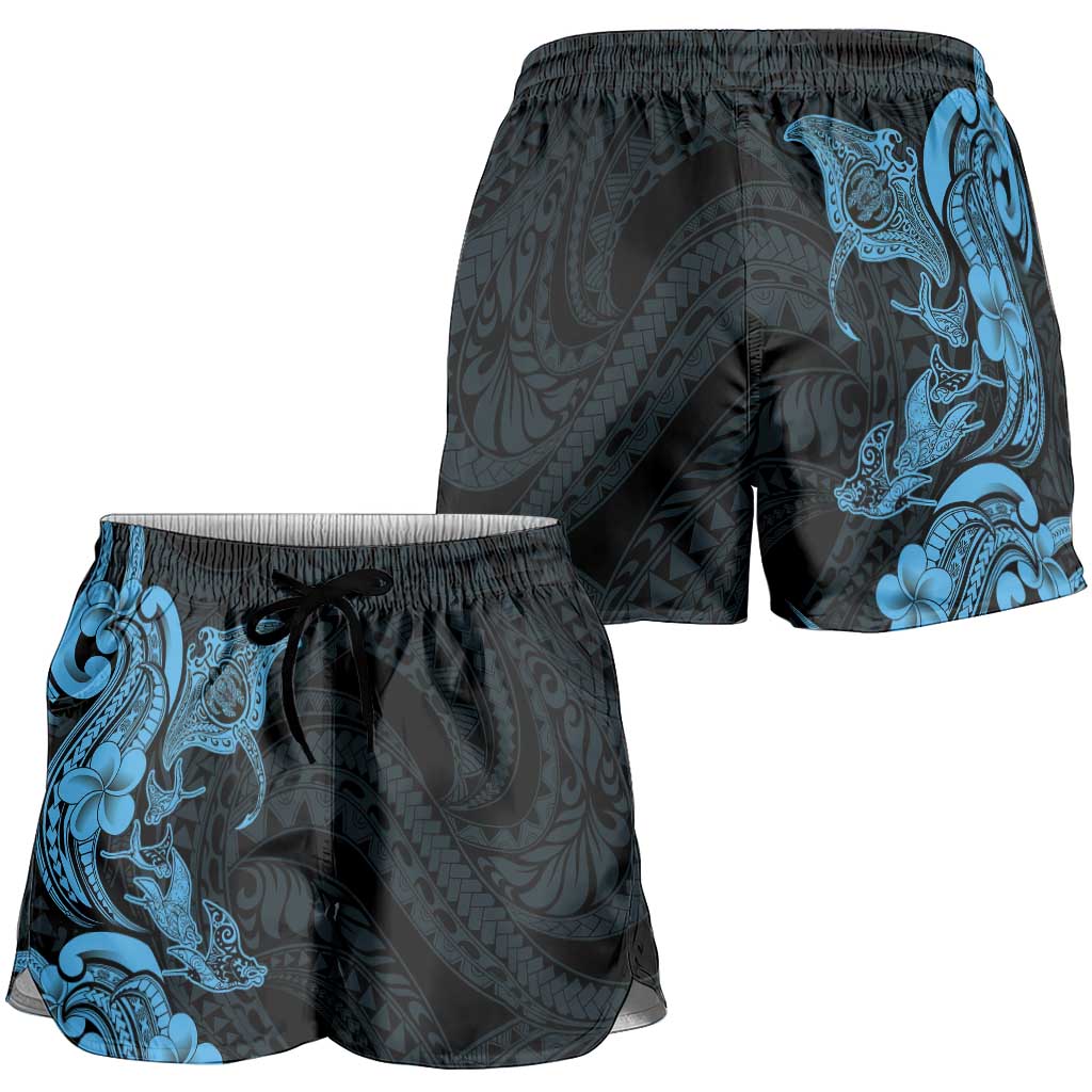 Hawaiian Manta Rays Shorts for Women Tribal Hibiscus Polynesian Tattoos Blue Color - Polynesian Pride
