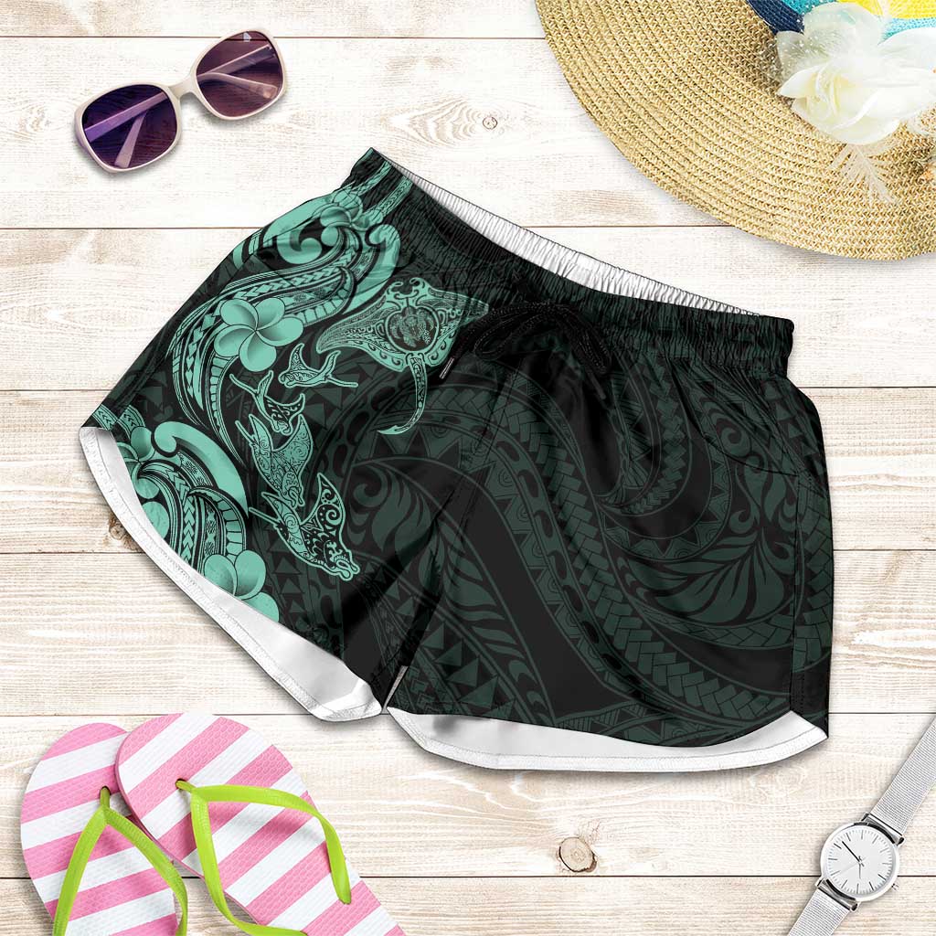 Hawaiian Manta Rays Shorts for Women Tribal Hibiscus Polynesian Tattoos Turquoise Color - Polynesian Pride