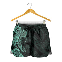Hawaiian Manta Rays Shorts for Women Tribal Hibiscus Polynesian Tattoos Turquoise Color - Polynesian Pride