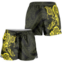 Hawaiian Manta Rays Shorts for Women Tribal Hibiscus Polynesian Tattoos Yellow Color - Polynesian Pride