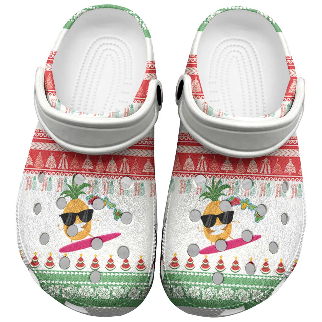 Hawaiian Mele Kalikimaka Clogs Shoes Funny Pineapple Surfing with Map Christmas Stripe Elements