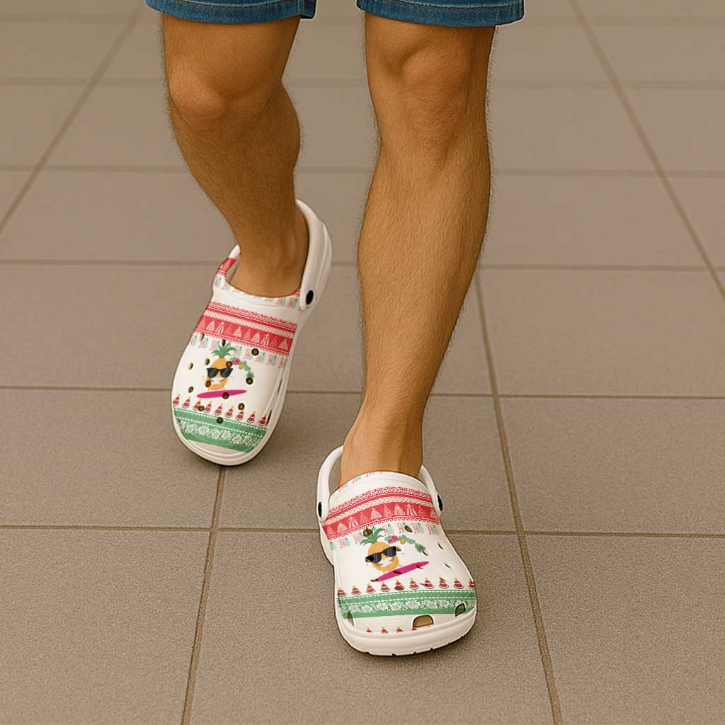 Hawaiian Mele Kalikimaka Clogs Shoes Funny Pineapple Surfing with Map Christmas Stripe Elements