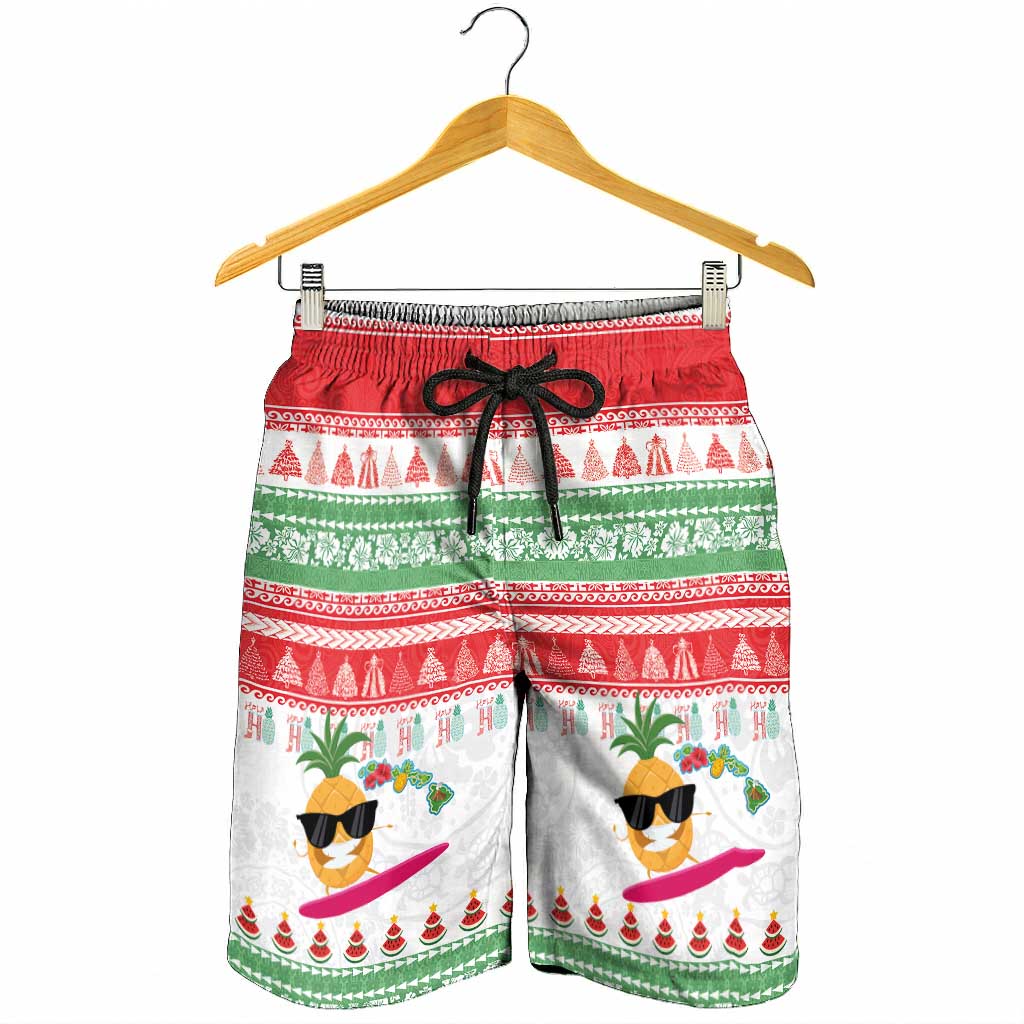 Hawaiian Mele Kalikimaka Shorts for Men Funny Pineapple Surfing with Map Christmas Stripe Elements