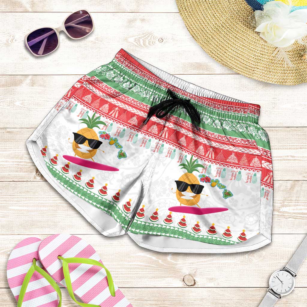 Hawaiian Mele Kalikimaka Shorts for Women Funny Pineapple Surfing with Map Christmas Stripe Elements