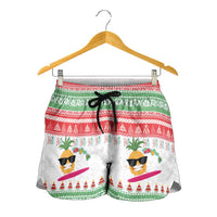 Hawaiian Mele Kalikimaka Shorts for Women Funny Pineapple Surfing with Map Christmas Stripe Elements
