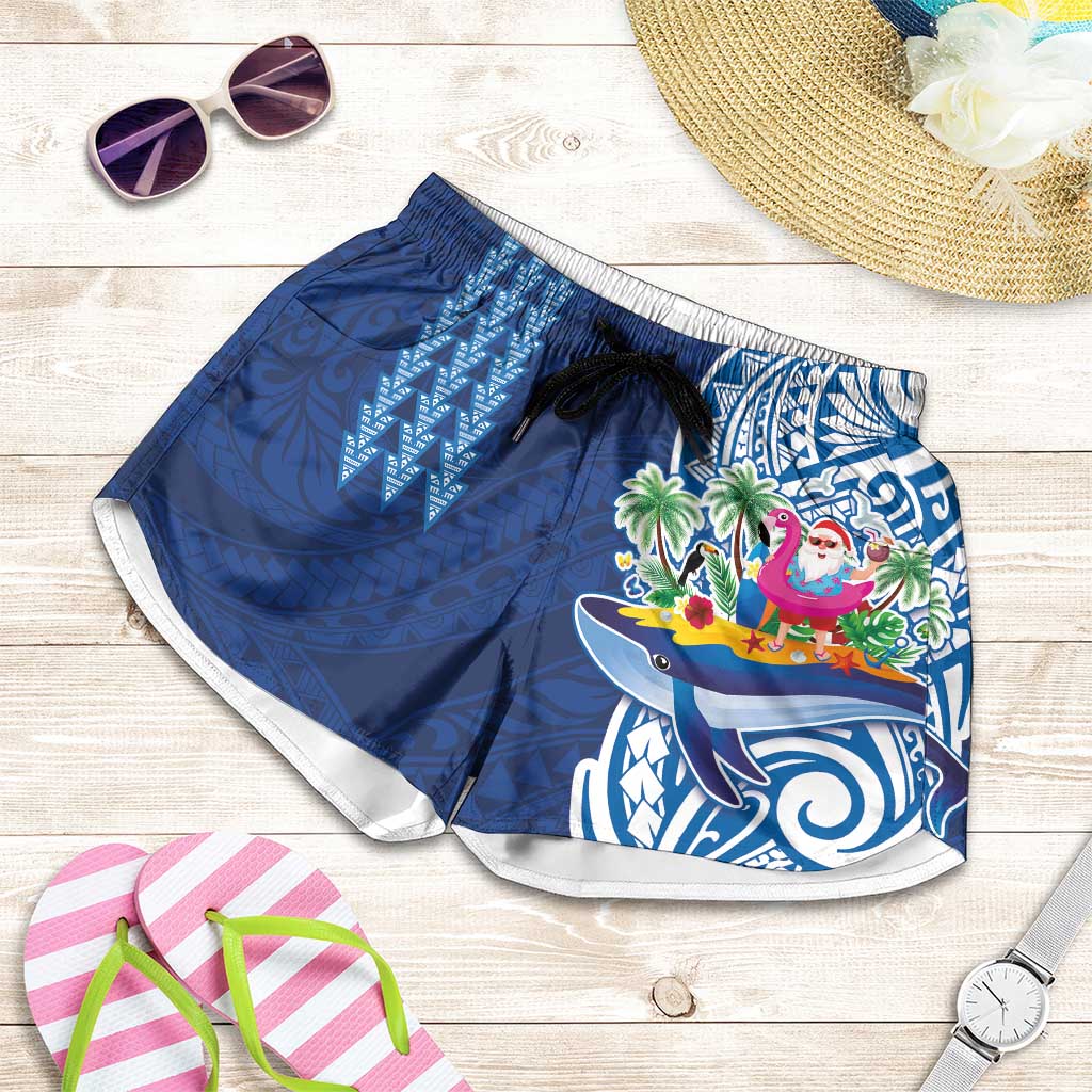 Hawaiian Mele Kalikimaka Shorts for Women Funny Santa on Whale Island with Kakau Tattoos - Polynesian Pride