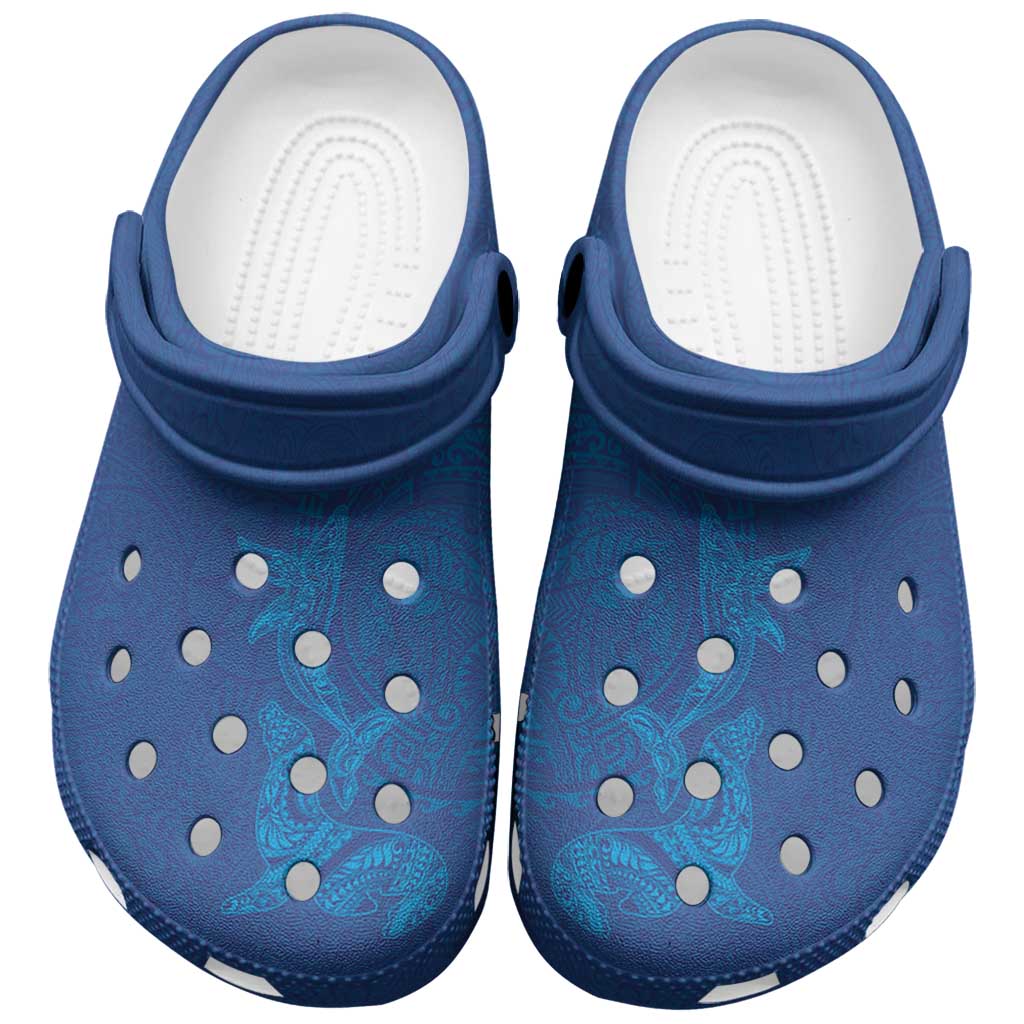 Hawaiian Monk Seal and Whale Clogs Shoes Kakau Tribal Pattern Blue Color