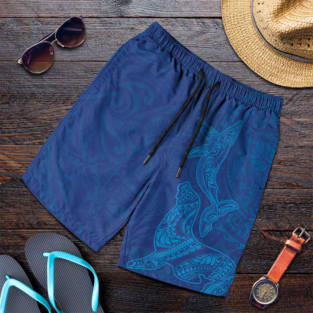 Hawaiian Monk Seal and Whale Shorts for Men Kakau Tribal Pattern Blue Color