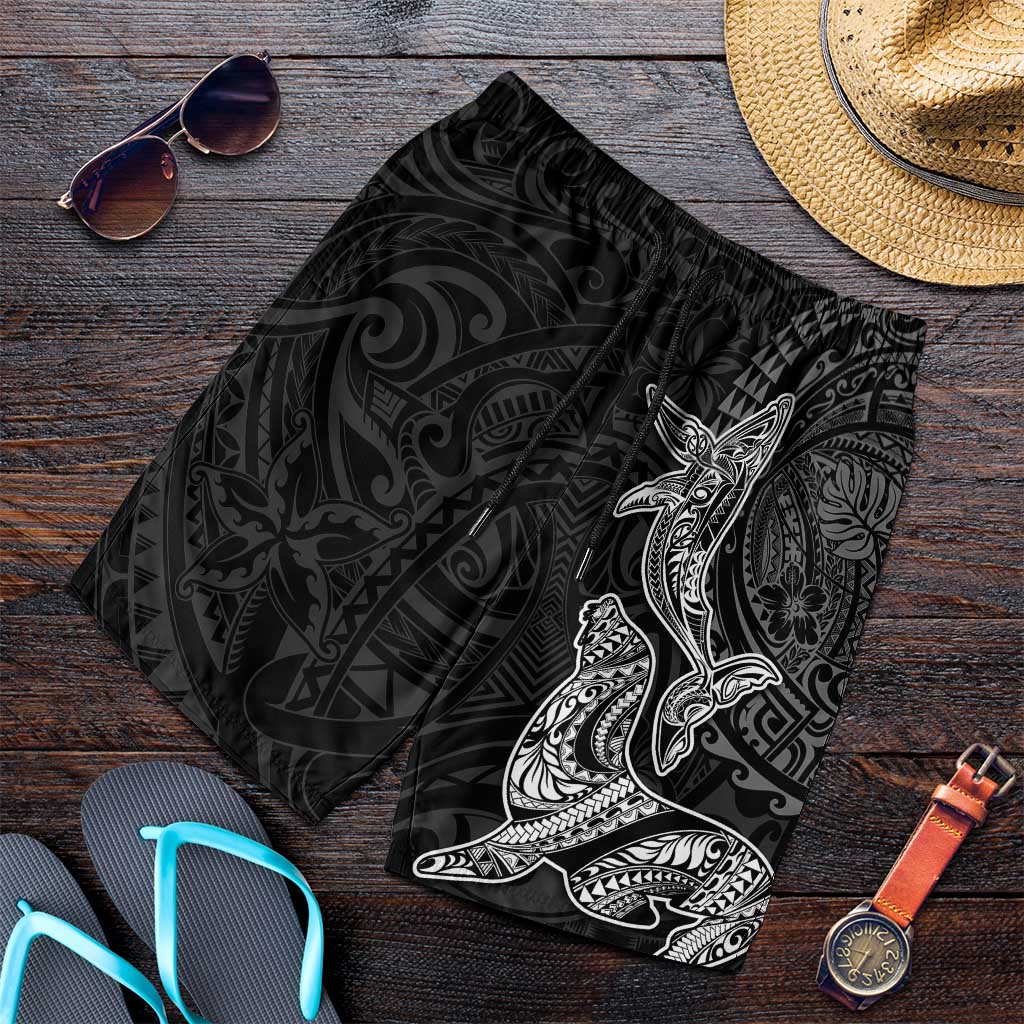 Hawaiian Monk Seal and Whale Shorts for Men Kakau Tribal Pattern Grayscale