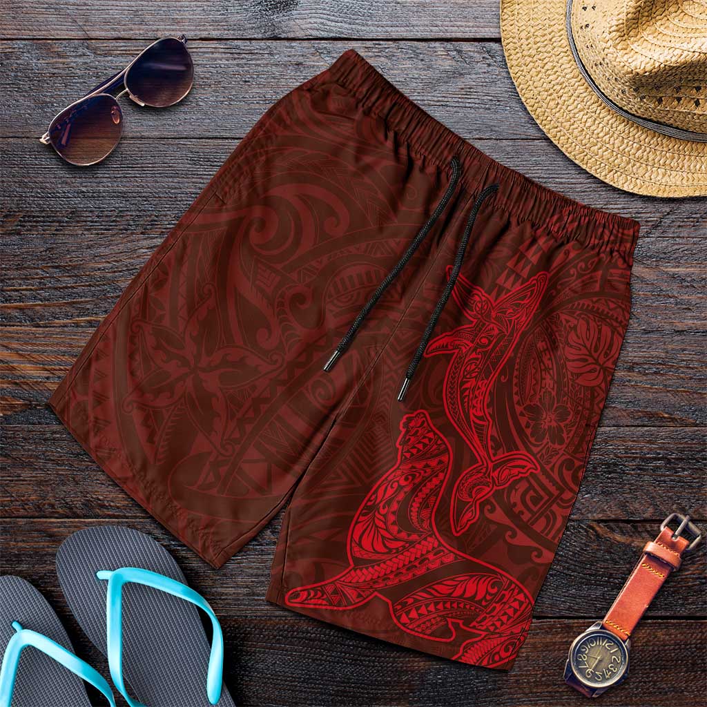 Hawaiian Monk Seal and Whale Shorts for Men Kakau Tribal Pattern Red Color