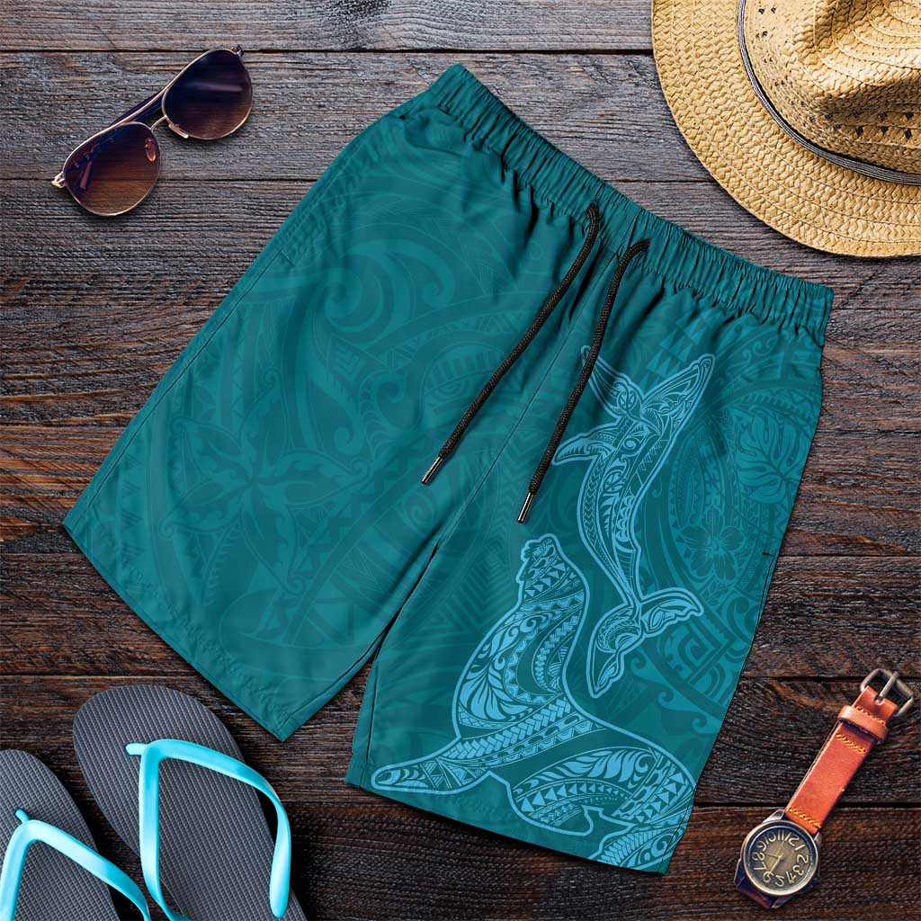 Hawaiian Monk Seal and Whale Shorts for Men Kakau Tribal Pattern Teal Color