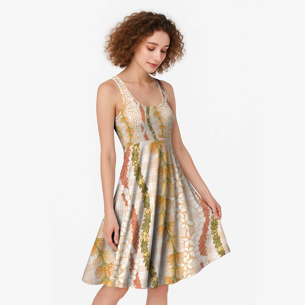 Hawaiian Ohia Lehua Lei Midi Dress Plaid Palaka Ahiehie Pattern - Polynesian Pride