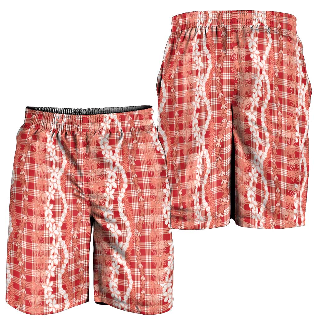 Hawaiian Ohia Lehua Lei Shorts for Men Plaid Palaka Ulaula Pattern - Polynesian Pride