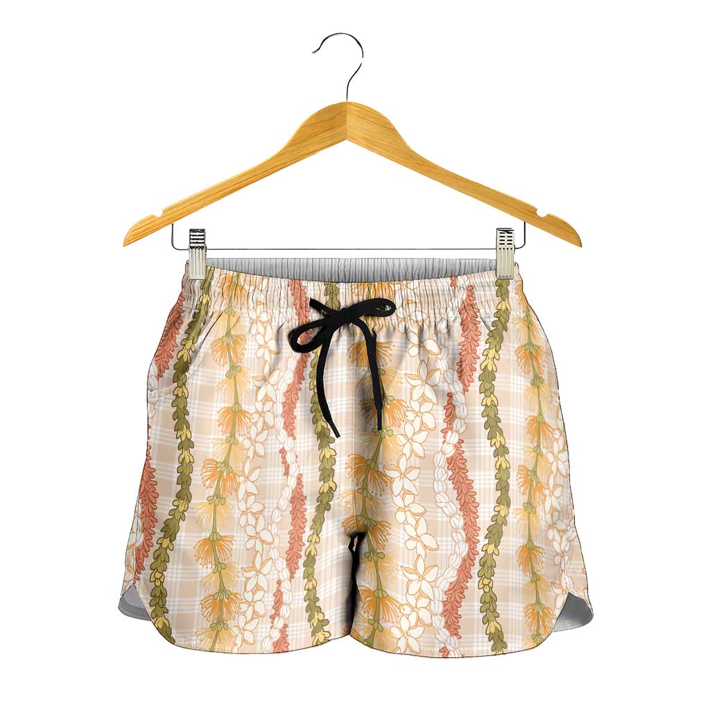 Hawaiian Ohia Lehua Lei Shorts for Women Plaid Palaka Ahiehie Pattern - Polynesian Pride