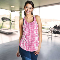 Hawaiian Ohia Lehua Lei Women Racerback Tank Plaid Palaka Akala Pattern - Polynesian Pride
