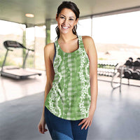 Hawaiian Ohia Lehua Lei Women Racerback Tank Plaid Palaka Omaomao Pattern - Polynesian Pride