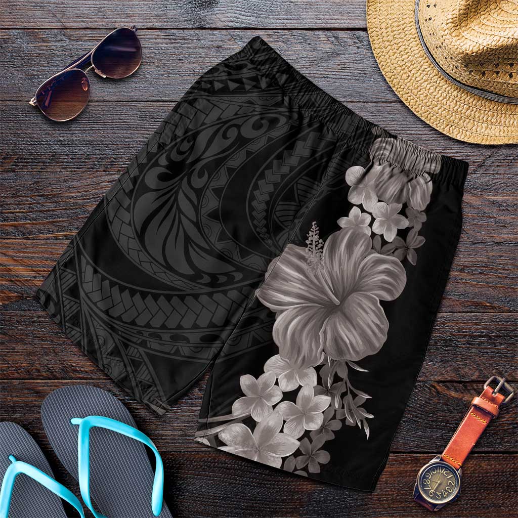 Hawaiian Plumeria and Hibiscus Shorts for Men Grayscale Mode - Polynesian Pride