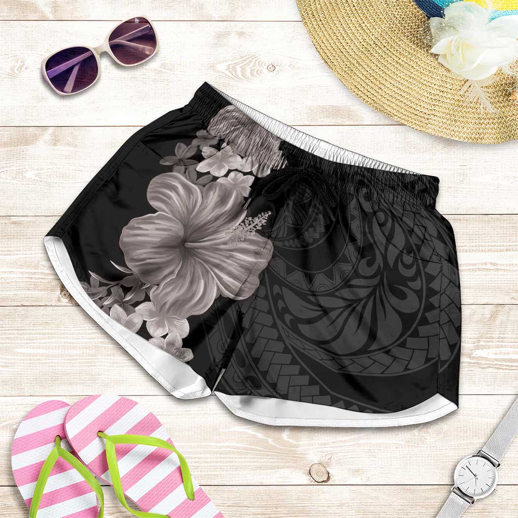 Hawaiian Plumeria and Hibiscus Shorts for Women Grayscale Mode - Polynesian Pride