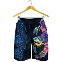 Hawaiian Plumeria and Hibiscus with Turtles Shorts for Men Polynesian Art Dark Cyan Color - Polynesian Pride