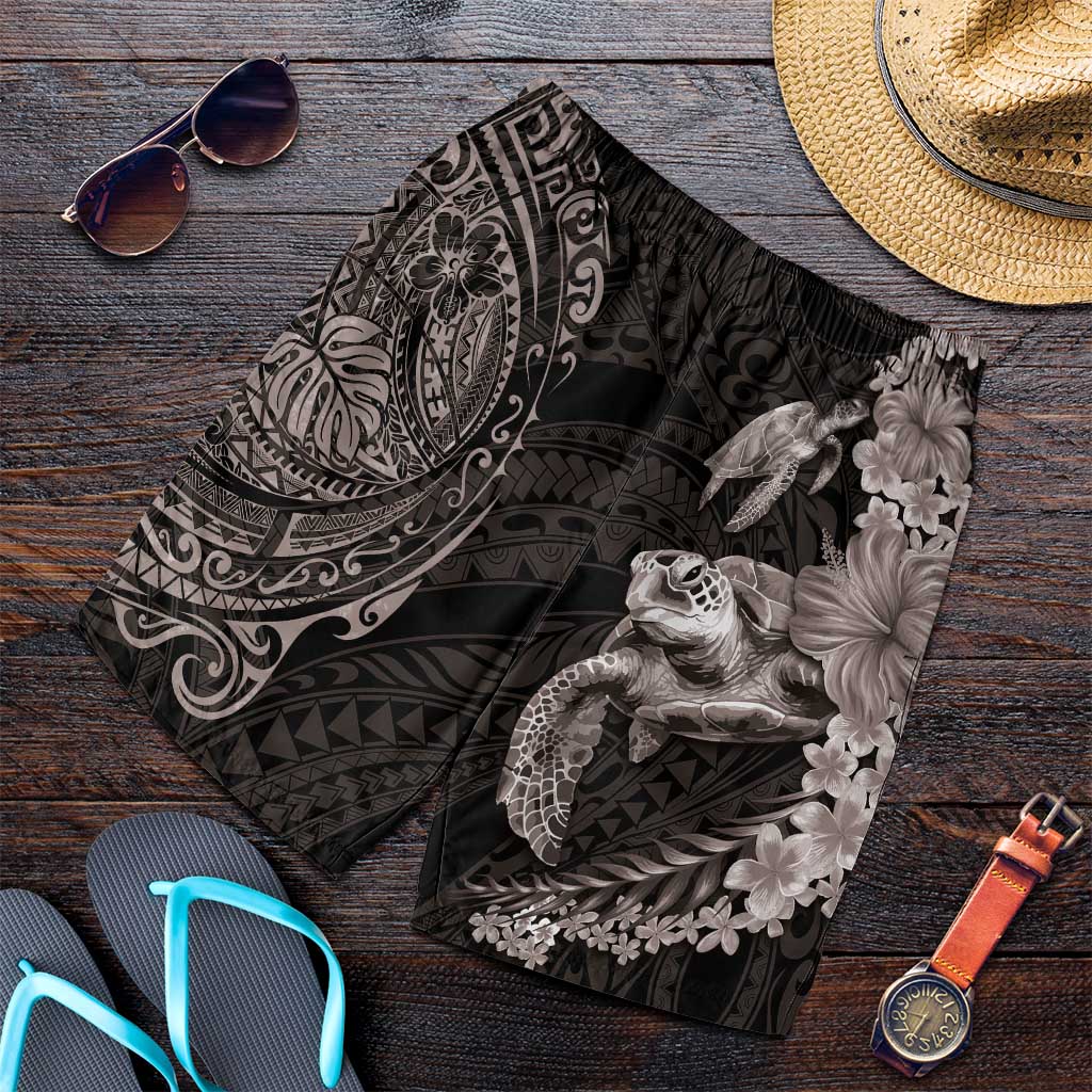 Hawaiian Plumeria and Hibiscus with Turtles Shorts for Men Polynesian Art Grayscale - Polynesian Pride
