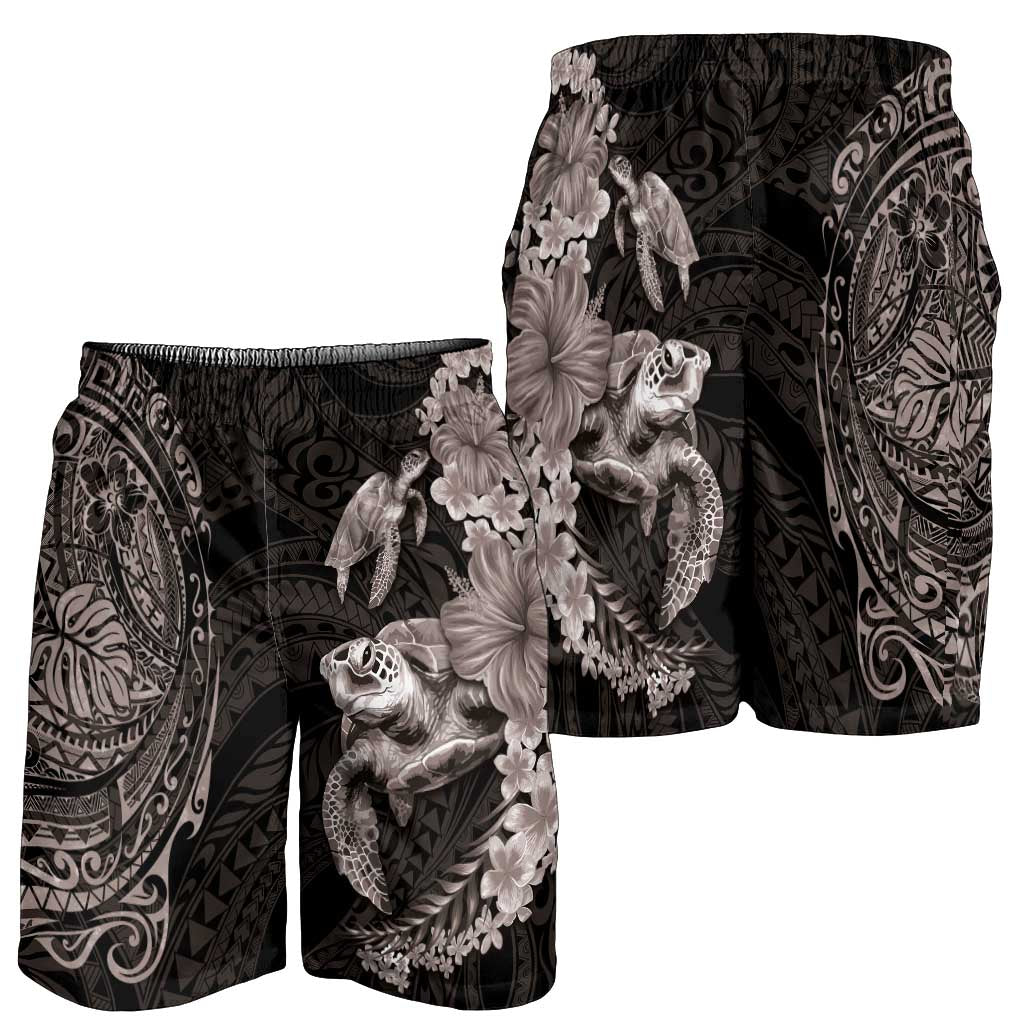 Hawaiian Plumeria and Hibiscus with Turtles Shorts for Men Polynesian Art Grayscale - Polynesian Pride