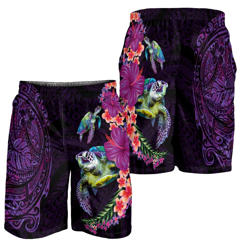 Hawaiian Plumeria and Hibiscus with Turtles Shorts for Men Polynesian Art Purple Color - Polynesian Pride