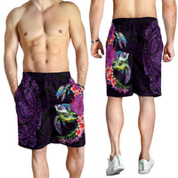 Hawaiian Plumeria and Hibiscus with Turtles Shorts for Men Polynesian Art Purple Color - Polynesian Pride