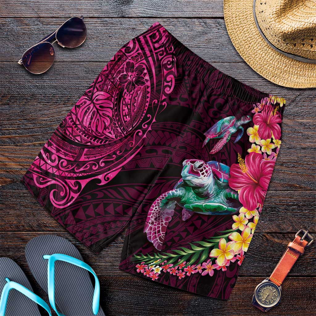Hawaiian Plumeria and Hibiscus with Turtles Shorts for Men Polynesian Art Red Color - Polynesian Pride