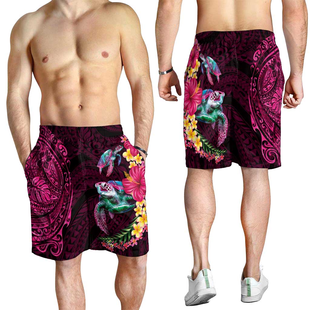 Hawaiian Plumeria and Hibiscus with Turtles Shorts for Men Polynesian Art Red Color - Polynesian Pride