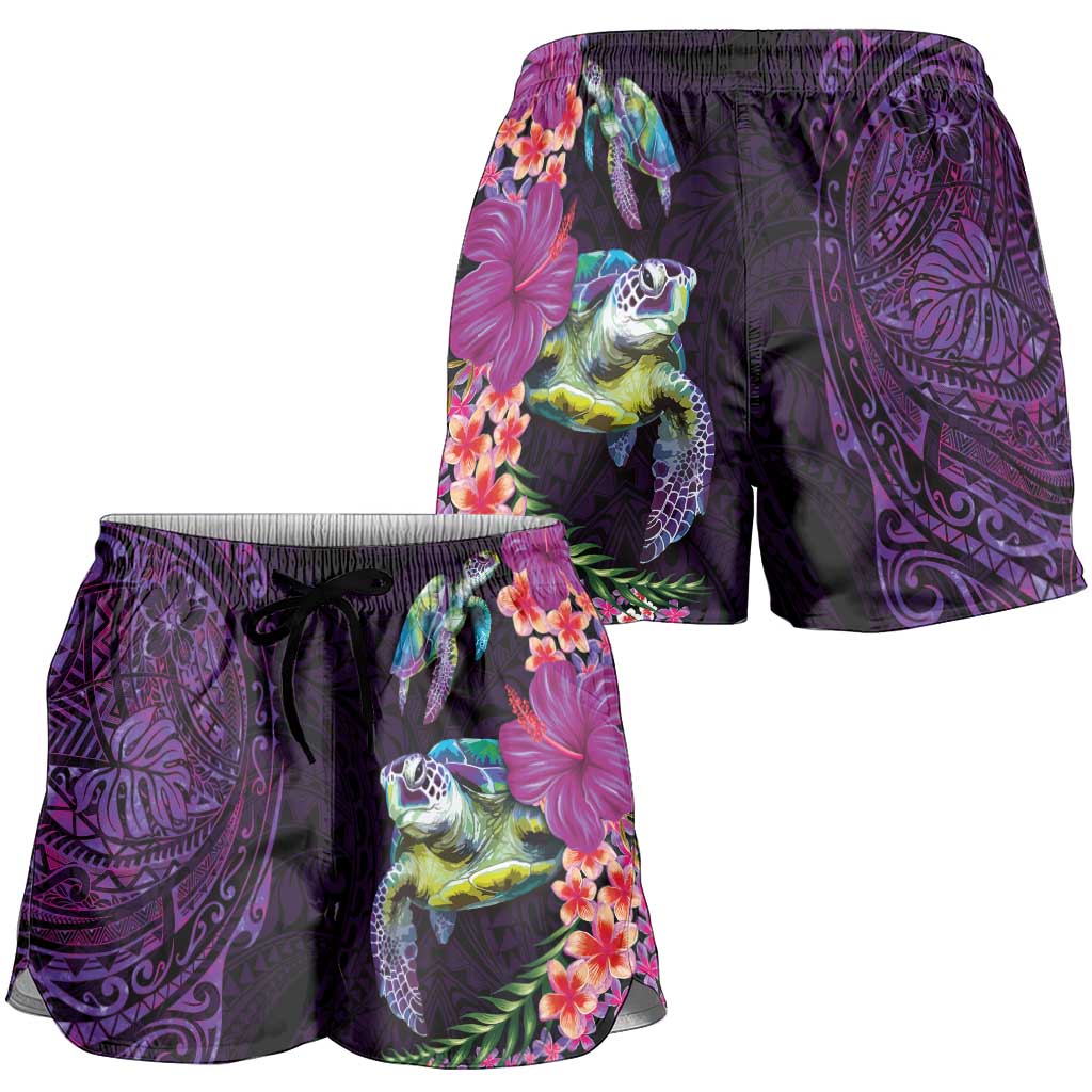 Hawaiian Plumeria and Hibiscus with Turtles Shorts for Women Polynesian Art Purple Color - Polynesian Pride