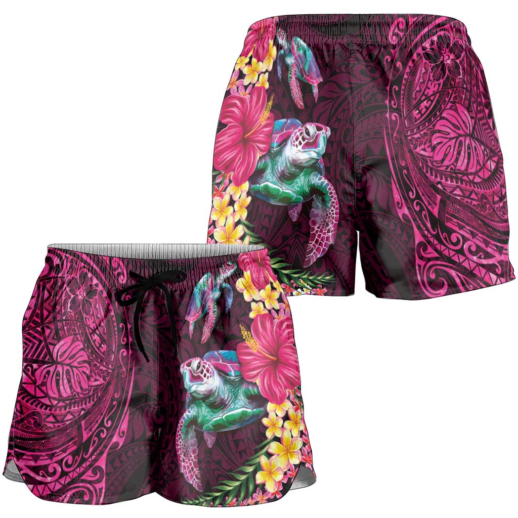 Hawaiian Plumeria and Hibiscus with Turtles Shorts for Women Polynesian Art Red Color - Polynesian Pride