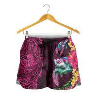 Hawaiian Plumeria and Hibiscus with Turtles Shorts for Women Polynesian Art Red Color - Polynesian Pride