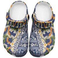 Hawaiian Plumeria Lei Clogs Shoes Kakau Motifs and Palaka Half Style Blue Color LT03